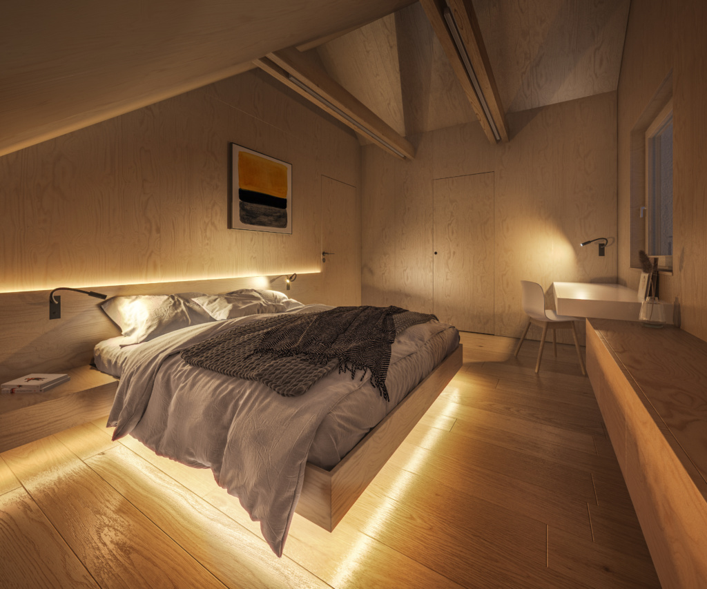 Quarto sem muitos elementos de decoração, uma cama de casal mais baixa e iluminação indireta, com luz de led.
